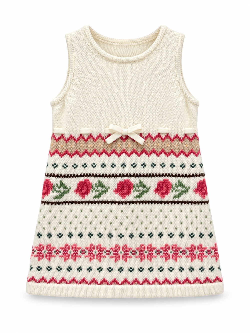 Janie and Jack Cream Knit Dress with Pink and Green Floral Fair Isle
